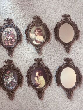 lot of 6 VINTAGE MCM miniature picture framed art & mirrors. COTTAGECORE